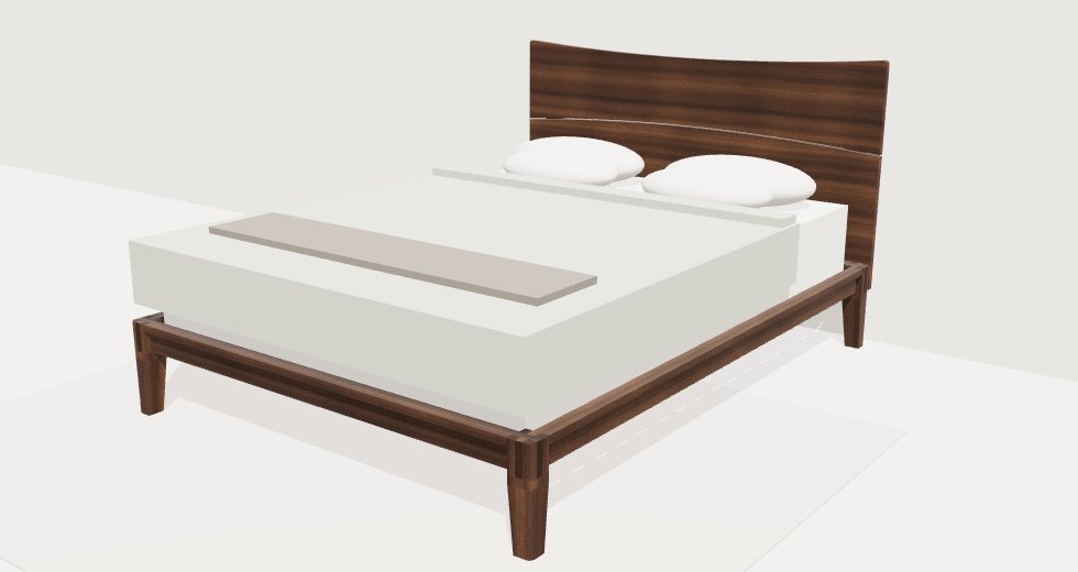 3D model of a walnut queen bed with tapered legs, a slatted platform and a two-board curved headboard, shown with a mattress and pillows.