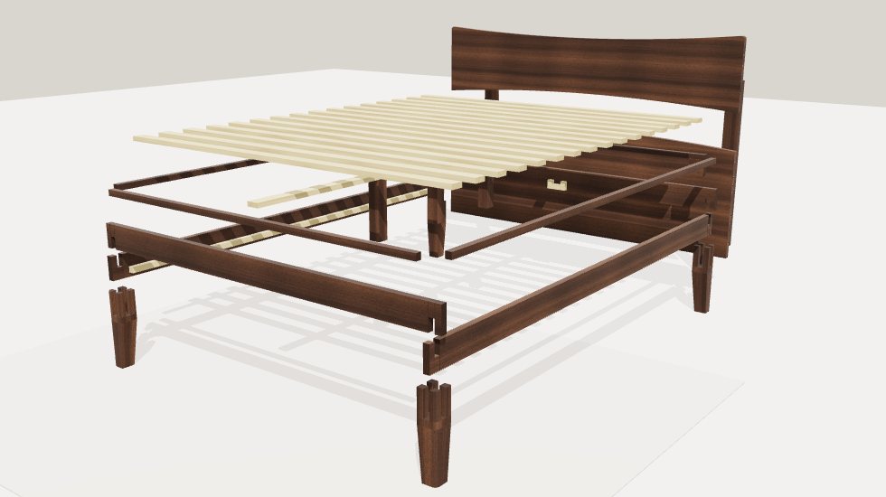 Exploded 3D view of the bed: legs with crossing slots below notched rails, slats and a center rail floating above, and the headboard boards behind.